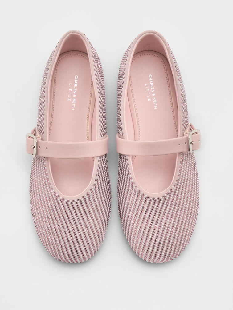 Girls' Pearl-Crystal Mary Jane Flats, Light Pink, hi-res