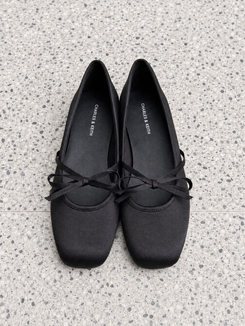 Satin Bow Ballet Flats, Black Textured, hi-res