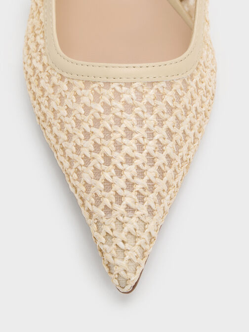 Raffia Sculptural-Heel Slingback Pumps, Beige, hi-res