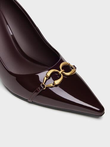 Patent Metallic-Buckle Pointed Pumps, Burgundy, hi-res