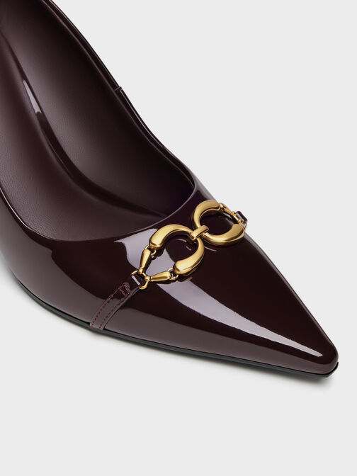 Patent Metallic-Buckle Pointed Pumps, Burgundy, hi-res