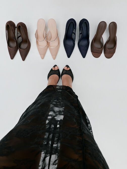 Lace Stiletto Mules, Dark Brown Textured, hi-res