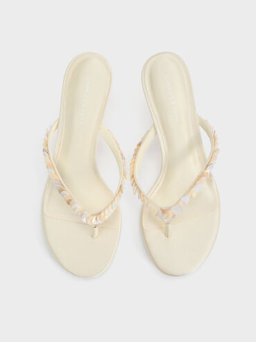Briella Sequinned Heeled Thong Sandals, Cream, hi-res