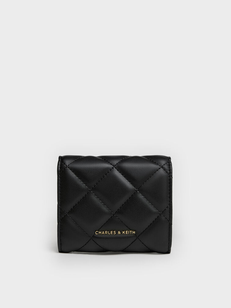 Arrietty Quilted Curved-Flap Wallet, Black, hi-res