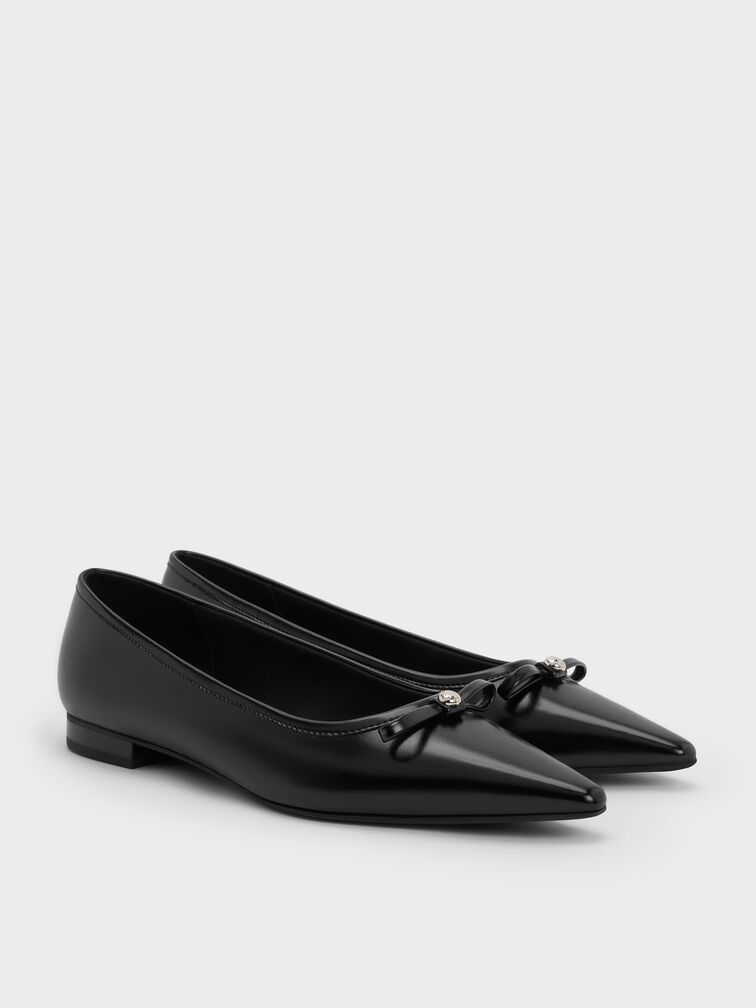 Bow Pointed Ballet Flats, Black, hi-res