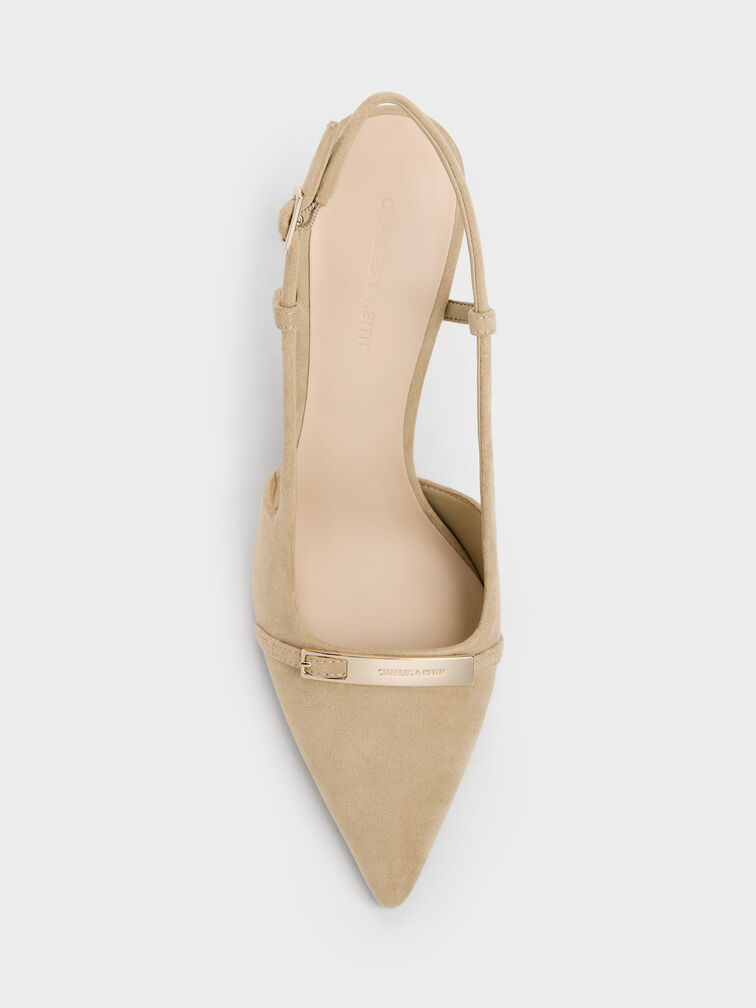 Faux Suede Metallic-Bar Pointed Slingback Pumps, Beige, hi-res