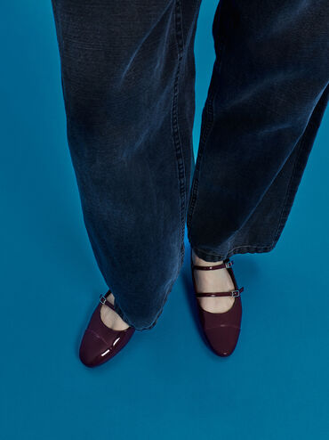 Patent Double-Strap Mary Janes, Maroon, hi-res