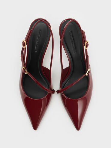Wynn Patent Buckled Sculptural-Heel Slingback Pumps, Red, hi-res