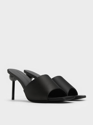 Satin Crystal Ball-Heel Mules, Black Textured, hi-res