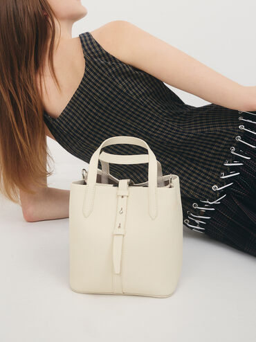 شنطة دلو بريل بجلد معاد تدويره بيد مزدوجة, كريمي, hi-res