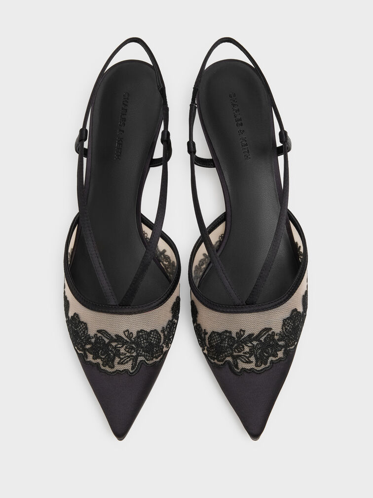 حذاء كعب قصير ساتان شبكي مطرز بحزام خلفي, أسود خشن, hi-res