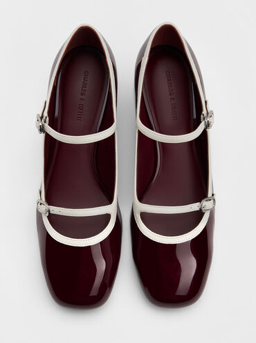 Patent Contrast-Trim Double-Strap Mary Jane Pumps, Burgundy, hi-res
