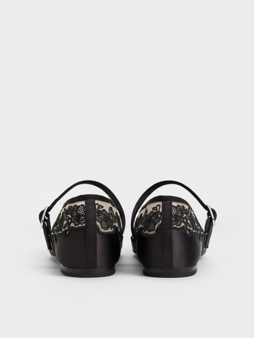 Satin Embroidered-Mesh Mary Jane Flats, Black Textured, hi-res