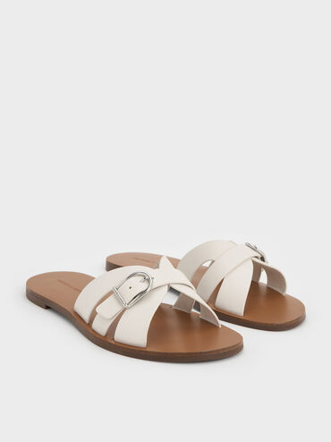 Belted Slide Sandals, White, hi-res