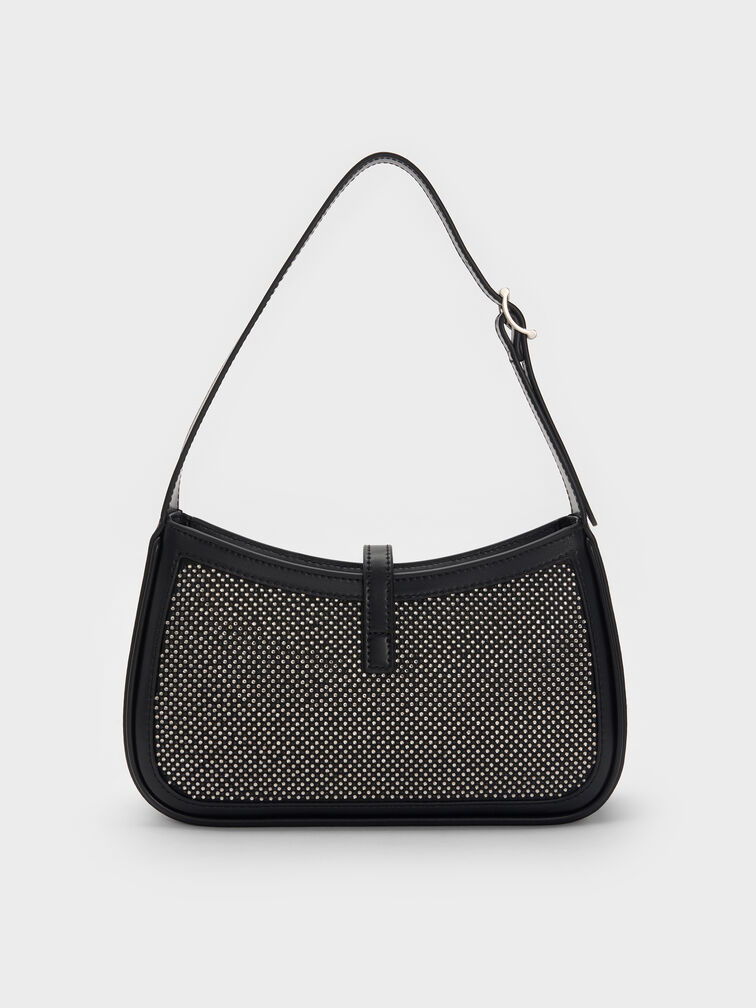 Cesia Satin Crystal Metallic-Accent Shoulder Bag, Lustrous Noir, hi-res