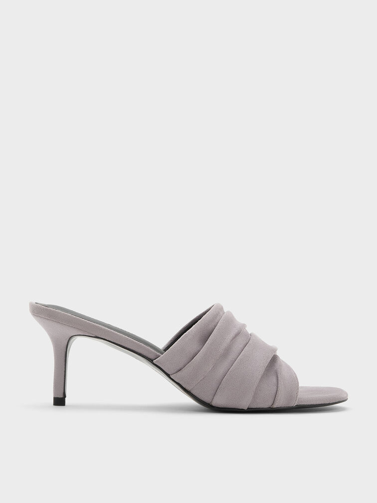 Faux Suede Ruched Heeled Mules, Lilac, hi-res