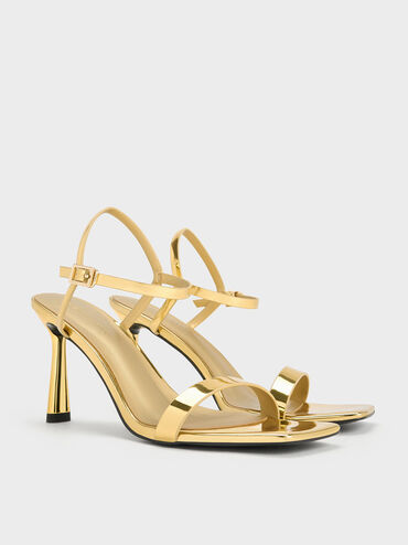 Metallic Ankle-Strap Heeled Sandals, Gold, hi-res