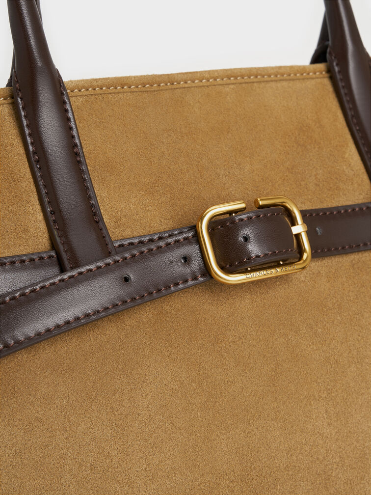 شنطة توت فيكتوريا شامواه  معاد تدويره ومزينة بحزام, رملي ذهبي هاديء, hi-res