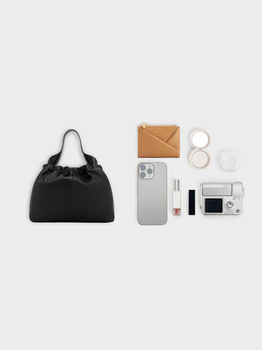 Ally Ruched Chain-Handle Bag, Noir, hi-res