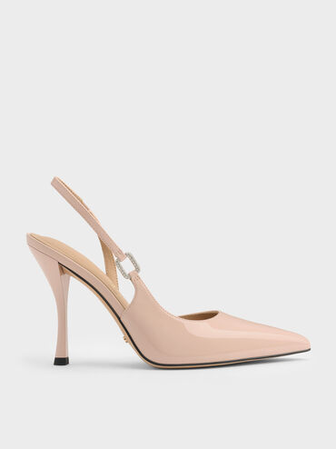 Patent Leather Crystal-Buckle Slingback Pumps, Pink, hi-res