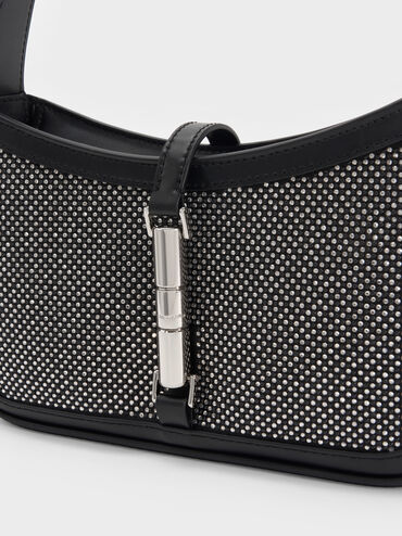 Cesia Satin Crystal Metallic-Accent Shoulder Bag, Lustrous Noir, hi-res