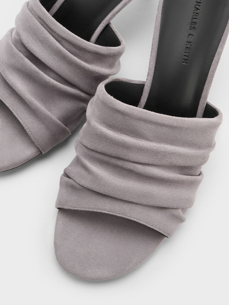 Faux Suede Ruched Heeled Mules, Lilac, hi-res
