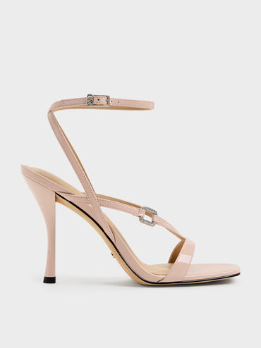 Patent Leather Crystal-Buckle Ankle-Strap Heels, Pink, hi-res
