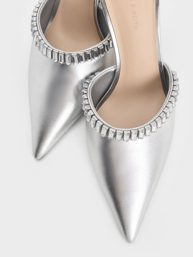 Metallic Crystal-Embellished Pointed-Toe Heeled Mules, Silver, hi-res