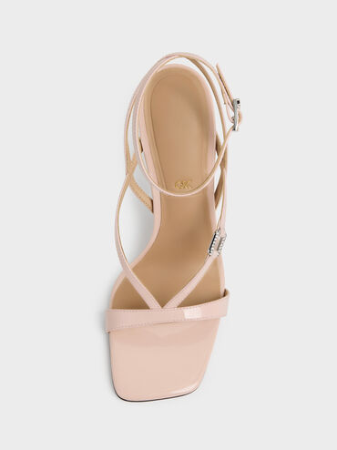 Patent Leather Crystal-Buckle Ankle-Strap Heels, Pink, hi-res