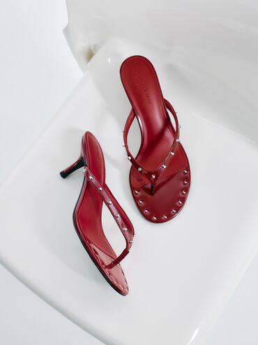 Briella Studded Heeled Thong Sandals, Red, hi-res