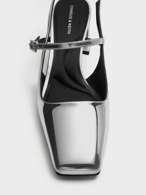 Metallic Square-Toe Mary Jane Slingback Pumps, Silver, hi-res