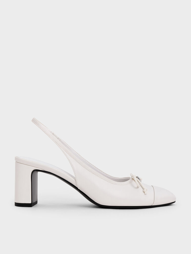Bow Cap-Toe Slingback Pumps, White, hi-res