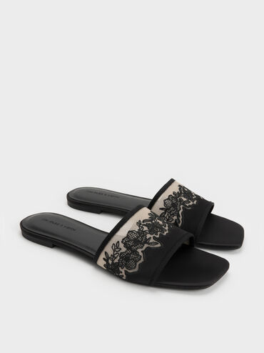 Satin Embroidered-Mesh Slide Sandals, Black Textured, hi-res