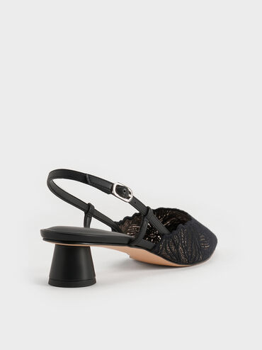 Meja Floral-Crochet Slingback Pumps, Black Textured, hi-res