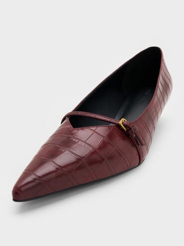 Croc-Effect Buckled Pointed-Toe Kitten-Heel Pumps, Animal Print Red, hi-res