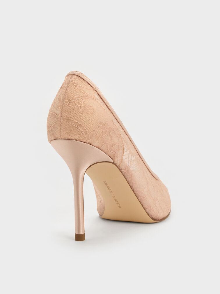 Lace & Satin Stiletto Pumps, Nude, hi-res