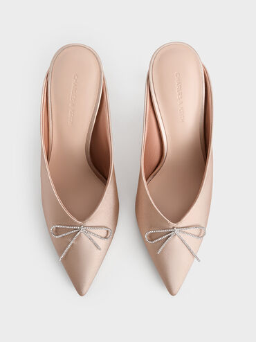 Crystal-Bow Pointed-Toe Heeled Mules, Nude, hi-res