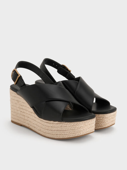 Crossover Espadrille Wedges, Black, hi-res