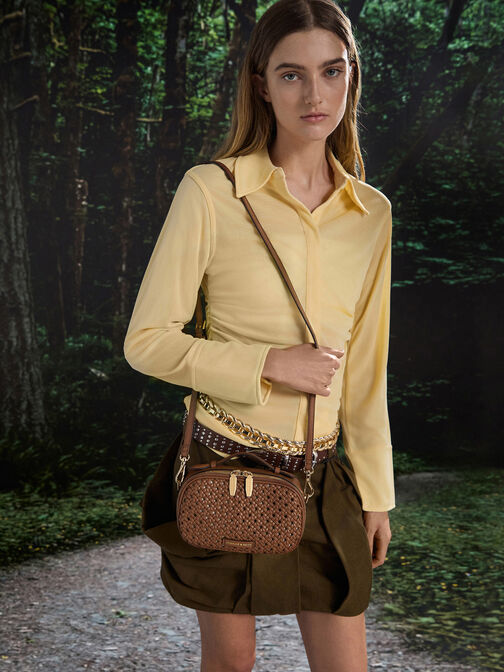 Azure Woven Crossbody Bag, Chocolate, hi-res