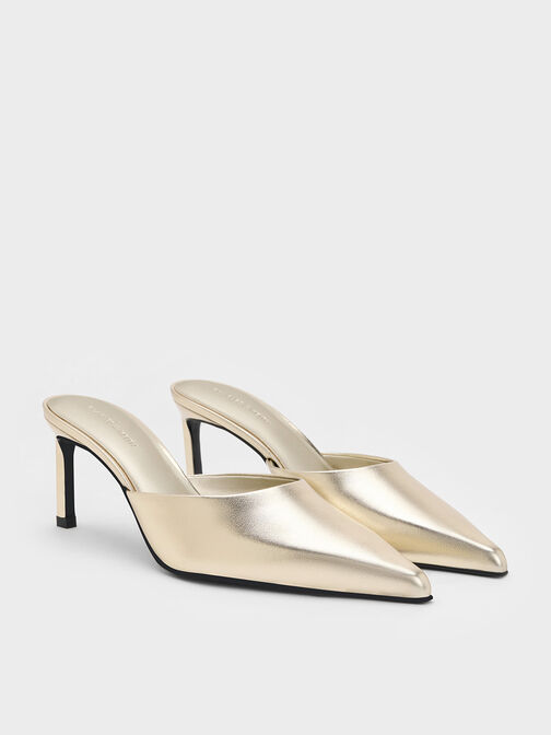 Metallic Pointed-Toe Heeled Mules, Gold, hi-res