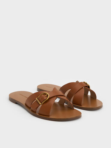 Belted Slide Sandals, Brown, hi-res