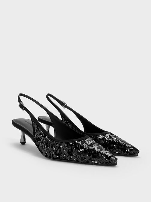 Ruthie Sequinned Slingback Pumps, Black Textured, hi-res