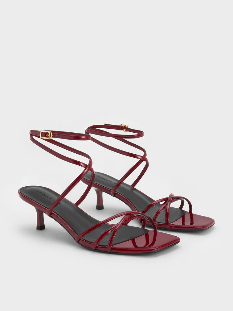 Patent Strappy Square-Toe Kitten-Heel Sandals, Red, hi-res