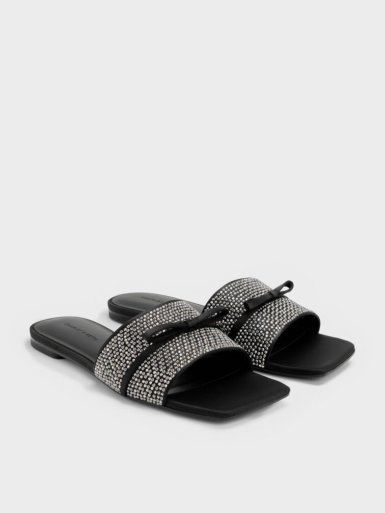Satin Crystal Bow Slide Sandals, Black Textured, hi-res