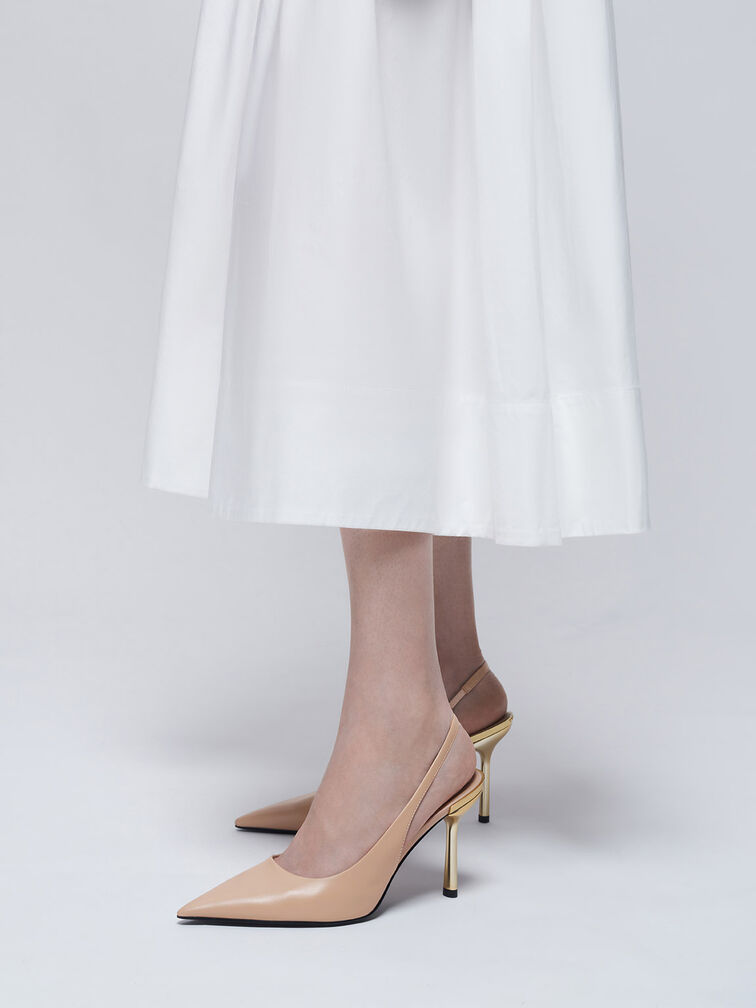 Metallic-Heel Pointed-Toe Slingback Pumps, Nude, hi-res