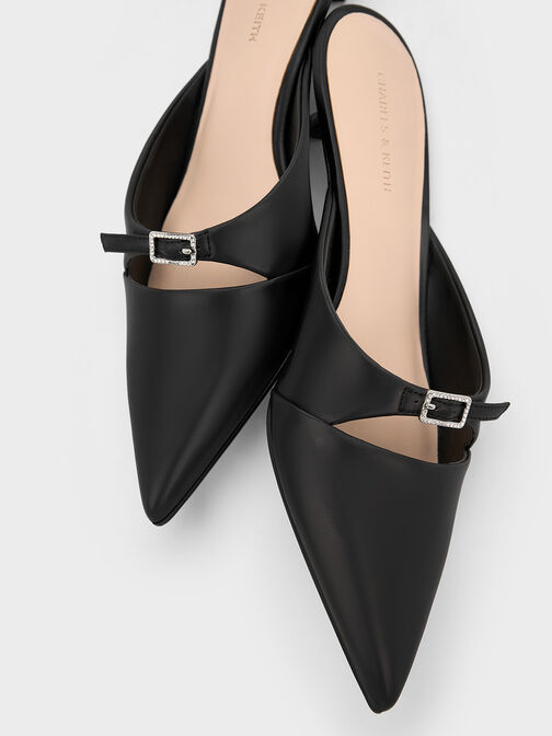 Crystal-Buckle Pointed-Toe Kitten-Heel Mules, Black, hi-res