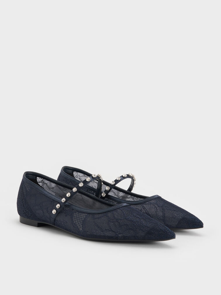 Lace & Satin Crystal Mary Jane Flats, Dark Blue, hi-res