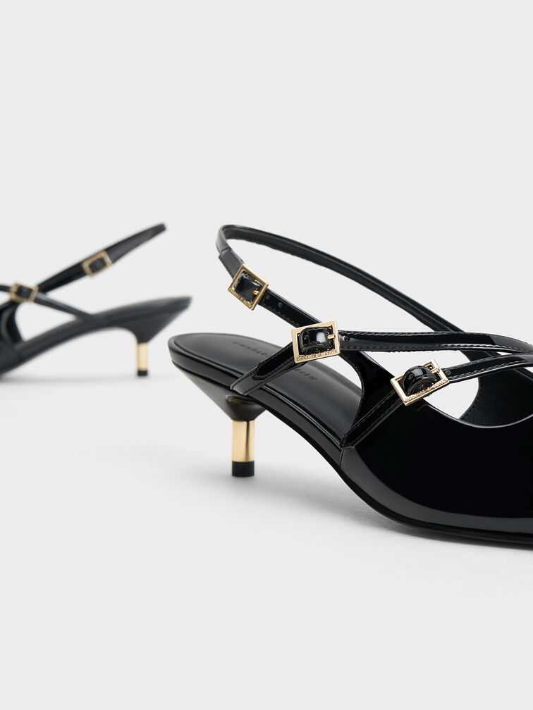 Patent Pointed Slingback Kitten Heels, Black Patent, hi-res