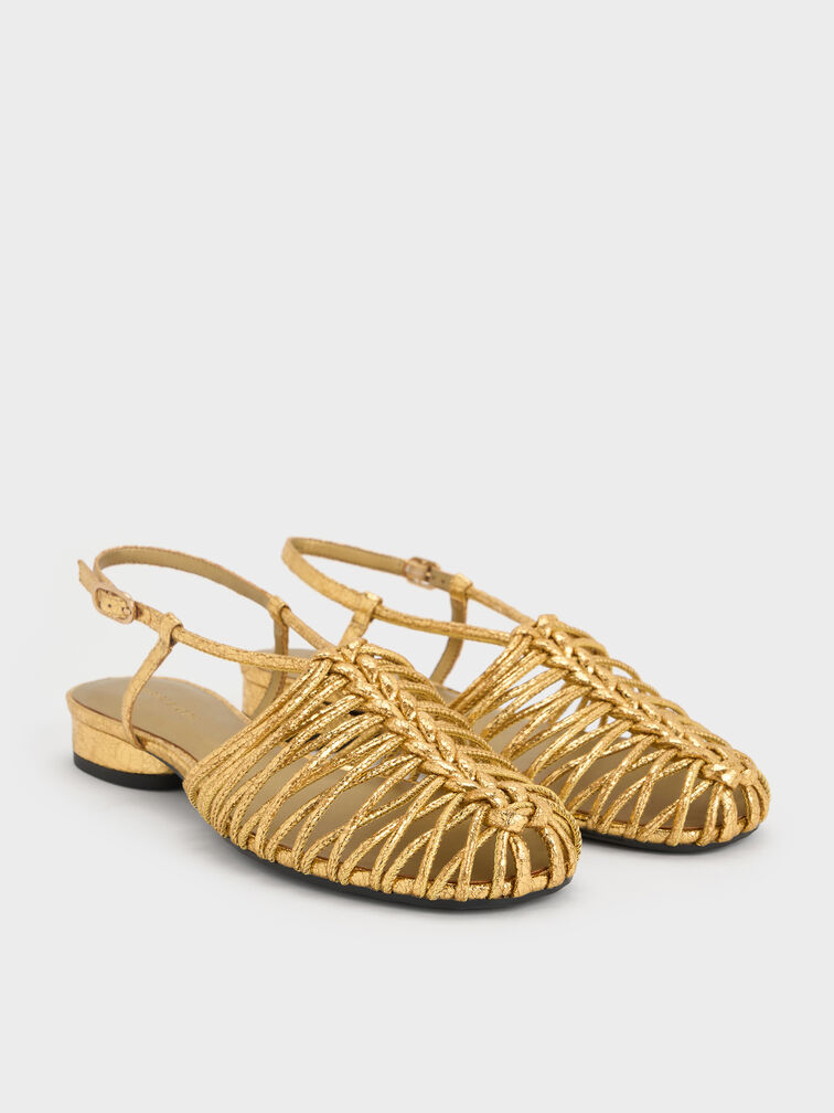 Linnea Metallic Woven Slingback Caged Sandals, Gold, hi-res