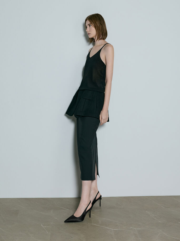 Satin Crystal Ball-Heel Slingback Pumps, Black Textured, hi-res